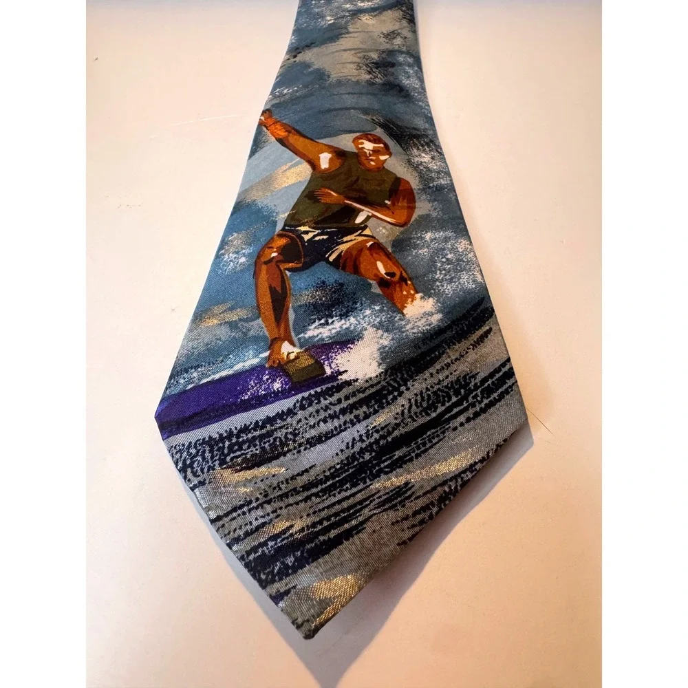 Vintage Florence & K Inc‎ Silk Surfing Necktie Blue Ocean Surfer Tie Made in USA